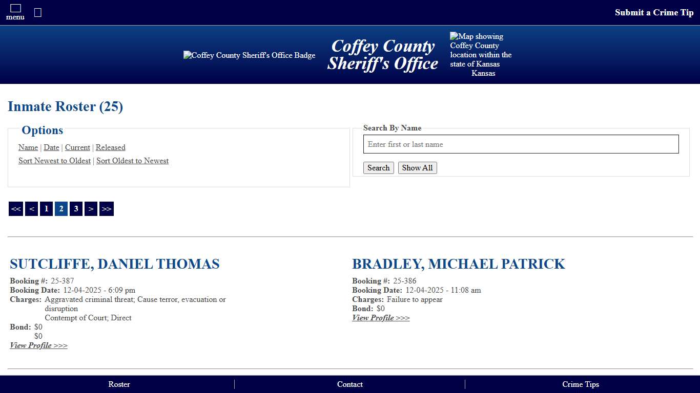 Inmate Roster - Page 2 Current Inmates Booking Date Descending - Coffey County Sheriff's Office Kansas